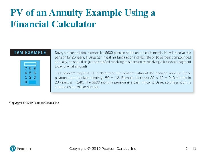 PV of an Annuity Example Using a Financial Calculator Copyright © 2019 Pearson Canada