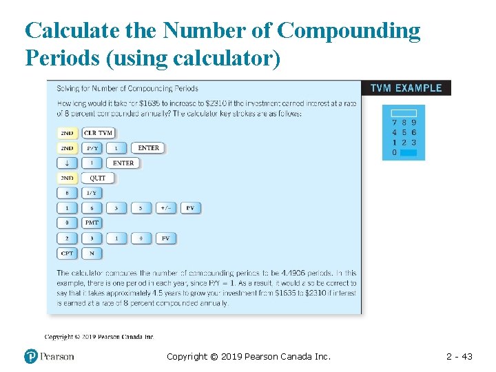 Calculate the Number of Compounding Periods (using calculator) Copyright © 2019 Pearson Canada Inc.