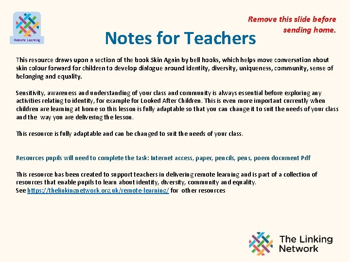 Remove this slide before sending home. Notes for Teachers This resource draws upon a