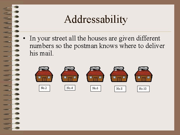 Addressability • In your street all the houses are given different numbers so the
