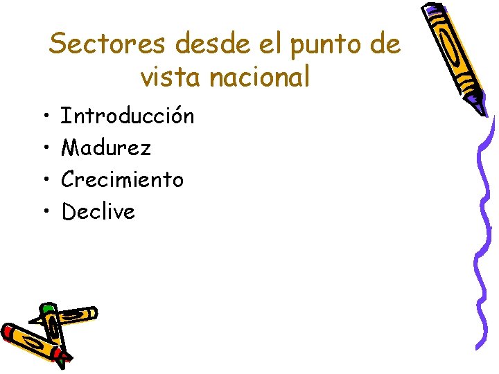 Sectores desde el punto de vista nacional • • Introducción Madurez Crecimiento Declive 