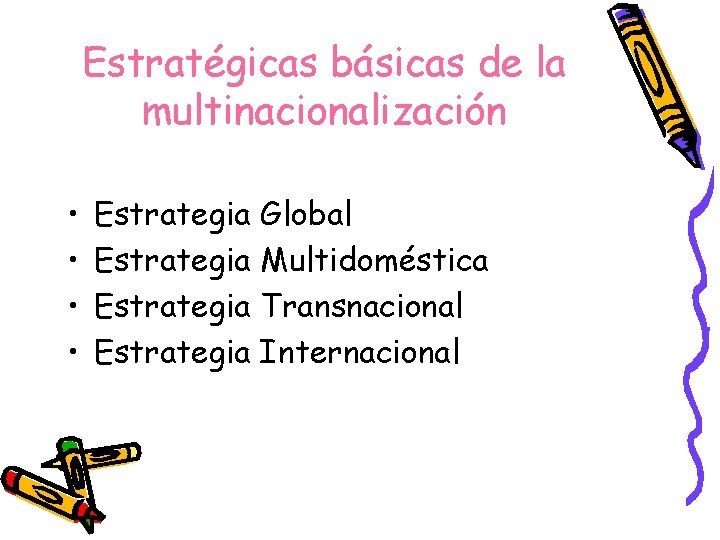 Estratégicas básicas de la multinacionalización • • Estrategia Global Estrategia Multidoméstica Estrategia Transnacional Estrategia