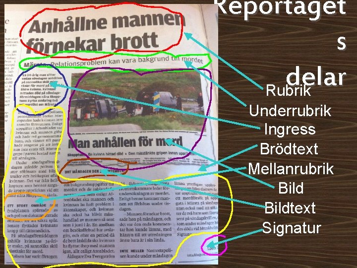 Reportaget s delar Rubrik Underrubrik Ingress Brödtext Mellanrubrik Bildtext Signatur 