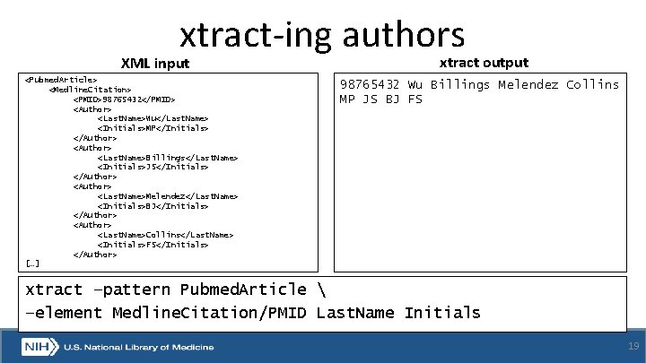 xtract-ing authors XML input <Pubmed. Article> <Medline. Citation> <PMID>98765432</PMID> <Author> <Last. Name>Wu</Last. Name> <Initials>MP</Initials>