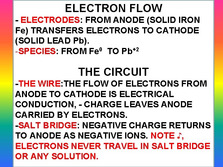 ELECTRON FLOW - ELECTRODES: FROM ANODE (SOLID IRON Fe) TRANSFERS ELECTRONS TO CATHODE (SOLID