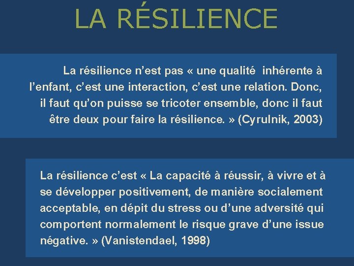 LA RÉSILIENCE La résilience n’est pas « une qualité inhérente à l’enfant, c’est une