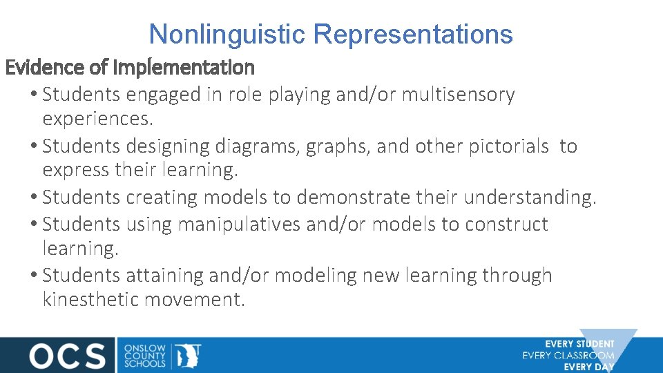 Nonlinguistic Representations Evidence of Implementation • Students engaged in role playing and/or multisensory experiences.