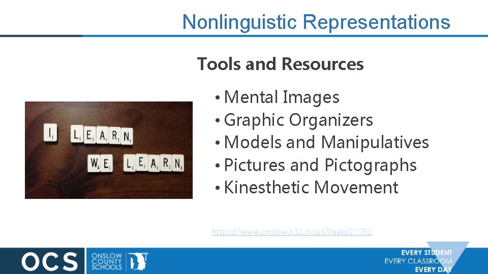 Nonlinguistic Representations Tools and Resources • Mental Images • Graphic Organizers • Models and