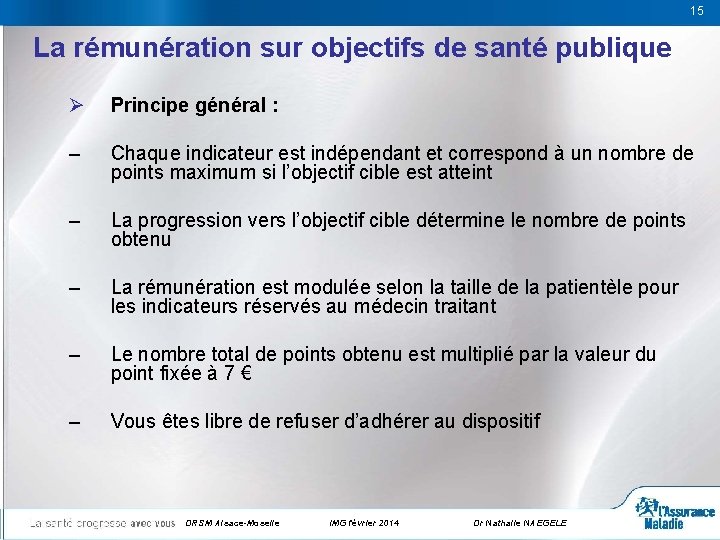 15 15 La rémunération sur objectifs de santé publique Ø Principe général : –