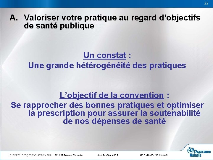 22 22 A. Valoriser votre pratique au regard d’objectifs de santé publique Un constat