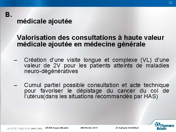 33 33 B. médicale ajoutée Valorisation des consultations à haute valeur médicale ajoutée en