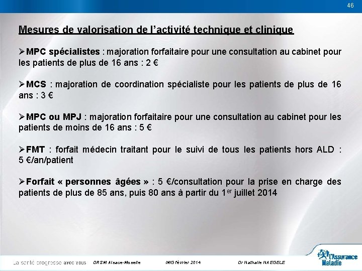 46 46 Mesures de valorisation de l’activité technique et clinique ØMPC spécialistes : majoration