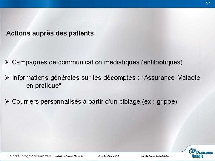 57 57 Actions auprès des patients Ø Campagnes de communication médiatiques (antibiotiques) Ø Informations