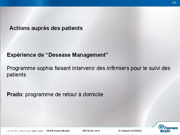 58 58 Actions auprès des patients Expérience de “Desease Management” Programme sophia faisant intervenir