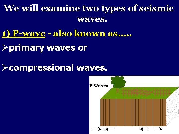 We will examine two types of seismic waves. 1) P-wave - also known as….