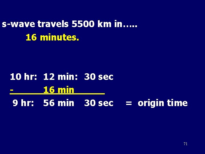s-wave travels 5500 km in…. . 16 minutes. 10 hr: 12 min: 30 sec