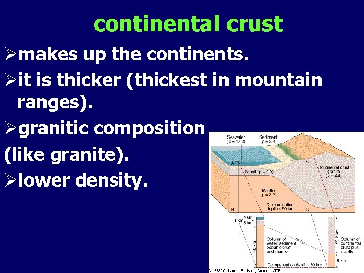 continental crust Ømakes up the continents. Øit is thicker (thickest in mountain ranges). Øgranitic