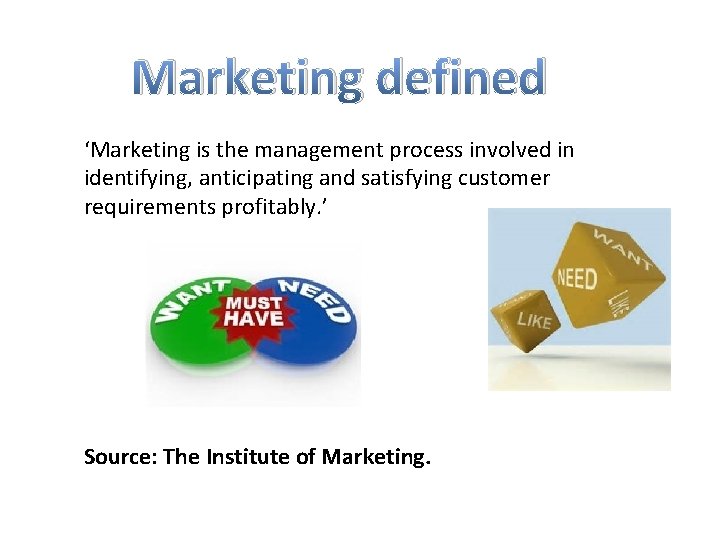 Marketing defined ‘Marketing is the management process involved in identifying, anticipating and satisfying customer