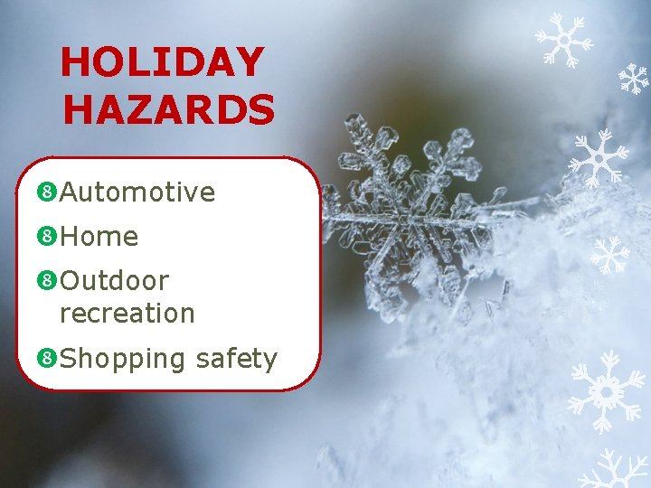 HOLIDAY HAZARDS Automotive Home Outdoor recreation Shopping safety 