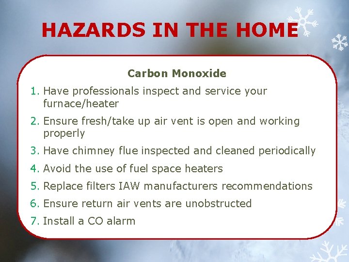 HAZARDS IN THE HOME Carbon Monoxide 1. Have professionals inspect and service your furnace/heater