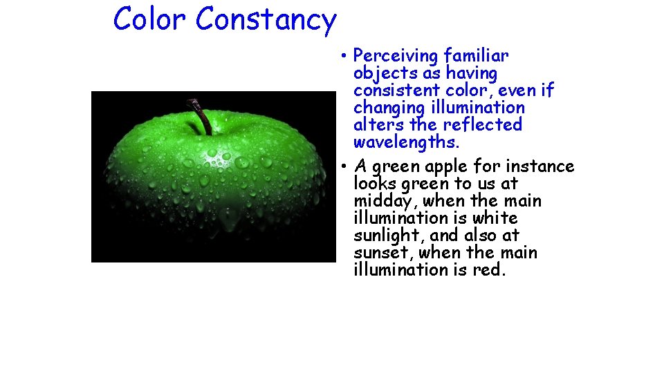 Color Constancy • Perceiving familiar objects as having consistent color, even if changing illumination