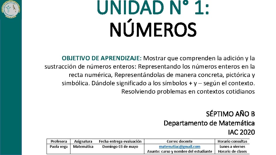 UNIDAD N° 1: NÚMEROS OBJETIVO DE APRENDIZAJE: Mostrar que comprenden la adición y la