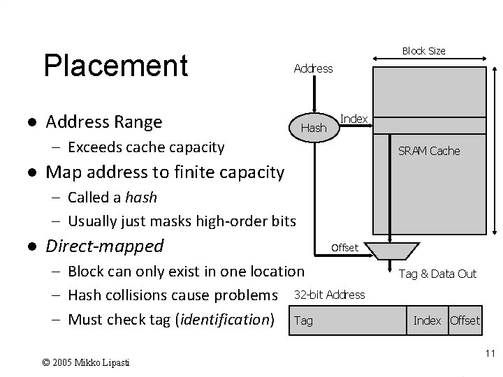 Placement l Block Size Address Range Hash Index – Exceeds cache capacity l SRAM