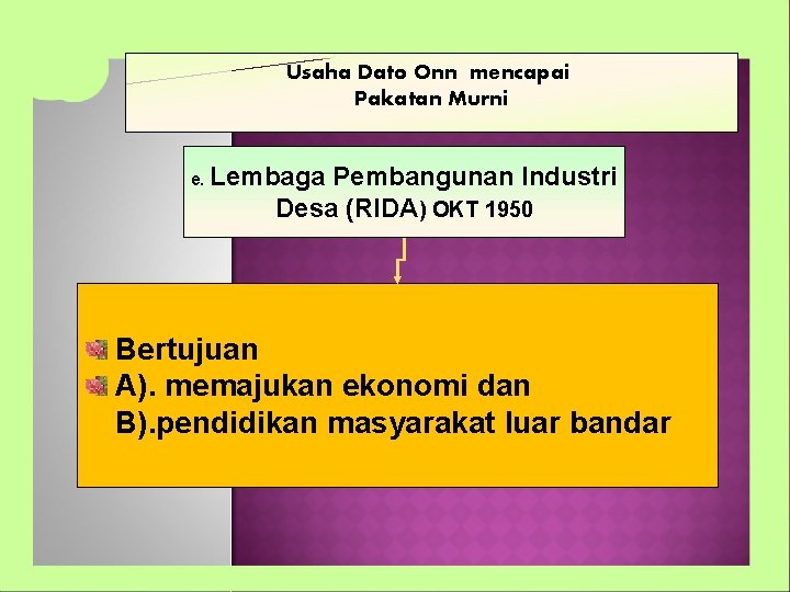Usaha Dato Onn mencapai Pakatan Murni e. Lembaga Pembangunan Industri Desa (RIDA) OKT 1950