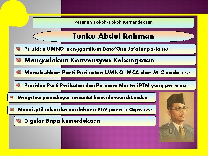 Peranan Tokoh-Tokoh Kemerdekaan Tunku Abdul Rahman Persiden UMNO menggantikan Dato’Onn Ja’afar pada 1951 Mengadakan