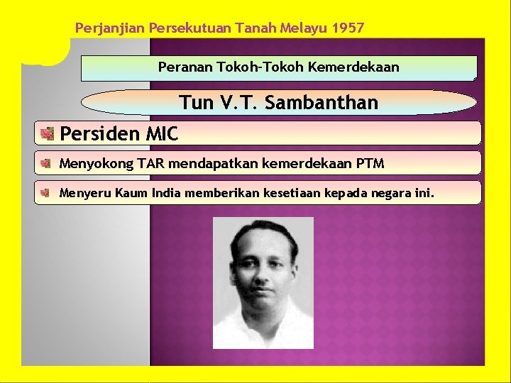 Perjanjian Persekutuan Tanah Melayu 1957 Peranan Tokoh-Tokoh Kemerdekaan Tun V. T. Sambanthan Persiden MIC