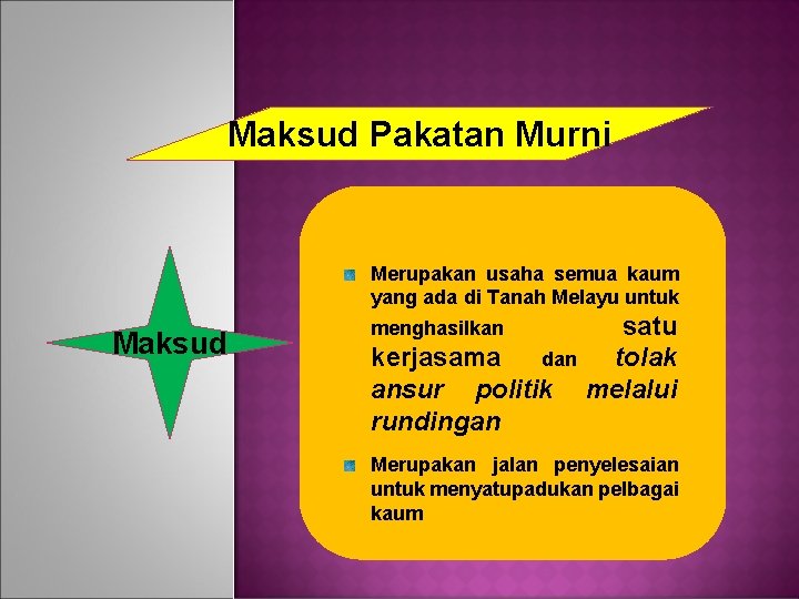 Maksud Pakatan Murni Merupakan usaha semua kaum yang ada di Tanah Melayu untuk Maksud