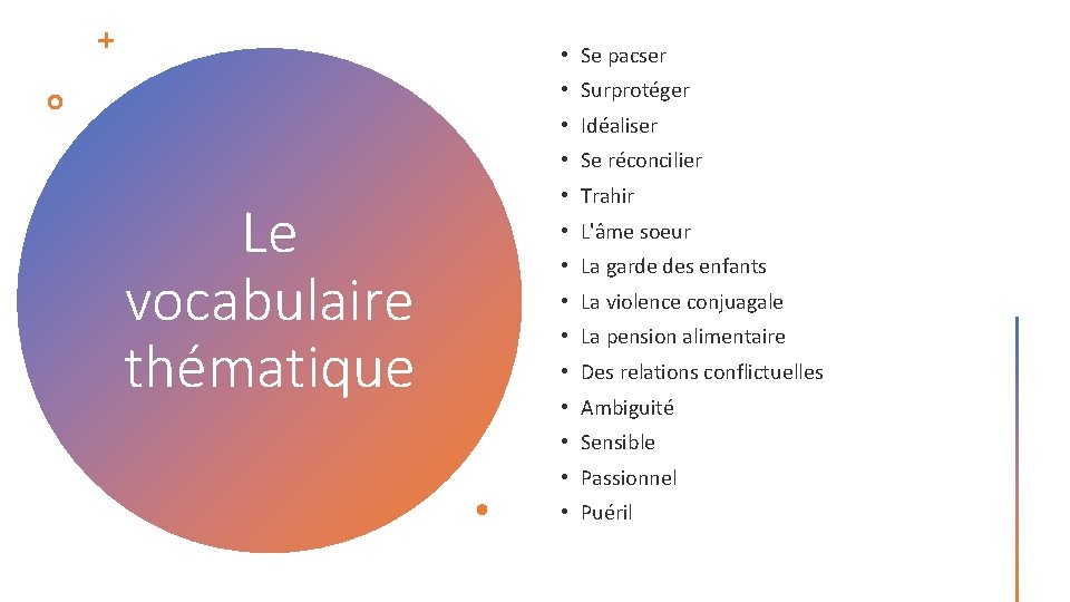  • Se pacser • Surprotéger • Idéaliser • Se réconcilier Le vocabulaire thématique