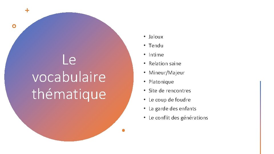  • Jaloux • Tendu Le vocabulaire thématique • Intime • Relation saine •