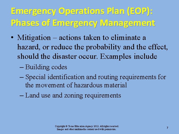 Emergency Operations Plan (EOP): Phases of Emergency Management • Mitigation – actions taken to Emergency Operations Plan (EOP): Phases of Emergency Management • Mitigation – actions taken to