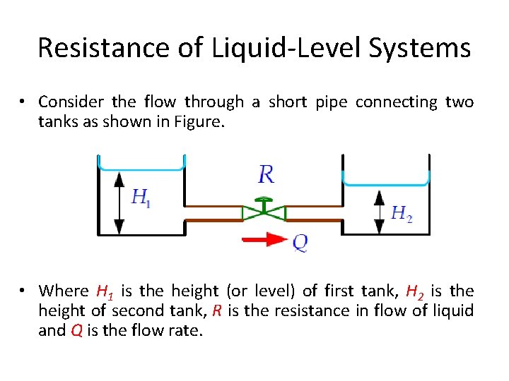 Resistance of Liquid-Level Systems • Consider the flow through a short pipe connecting two