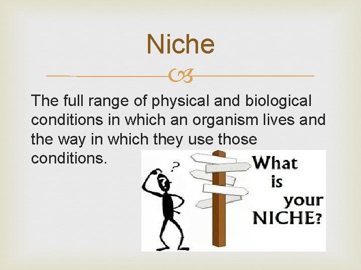 Niche The full range of physical and biological conditions in which an organism lives