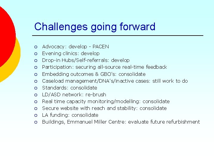 Challenges going forward ¡ ¡ ¡ Advocacy: develop - PACEN Evening clinics: develop Drop-in