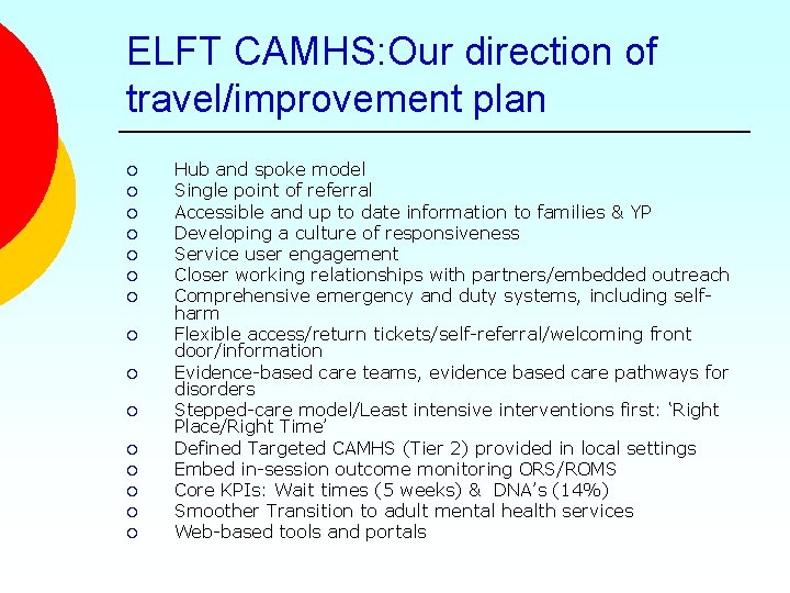 ELFT CAMHS: Our direction of travel/improvement plan ¡ ¡ ¡ ¡ Hub and spoke