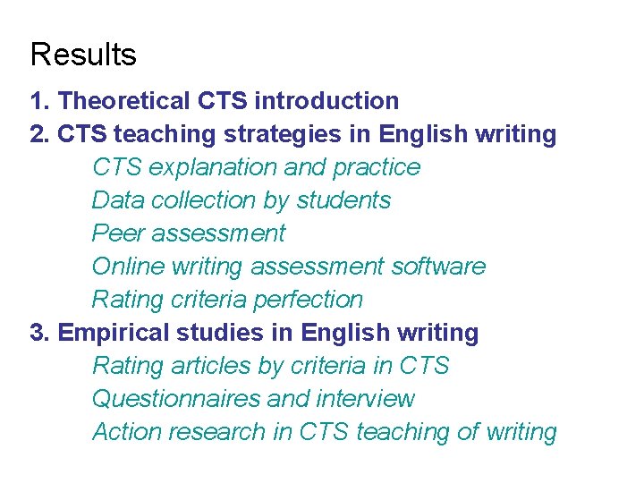 Results 1. Theoretical CTS introduction 2. CTS teaching strategies in English writing CTS explanation