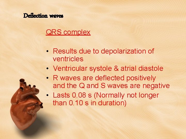 Deflection waves QRS complex • Results due to depolarization of ventricles • Ventricular systole