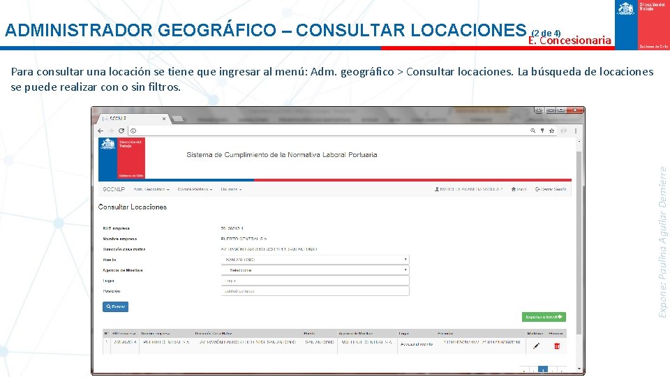 ADMINISTRADOR GEOGRÁFICO – CONSULTAR LOCACIONES E. (2 Concesionaria de 4) Expone: Paulina Aguilar Demierre