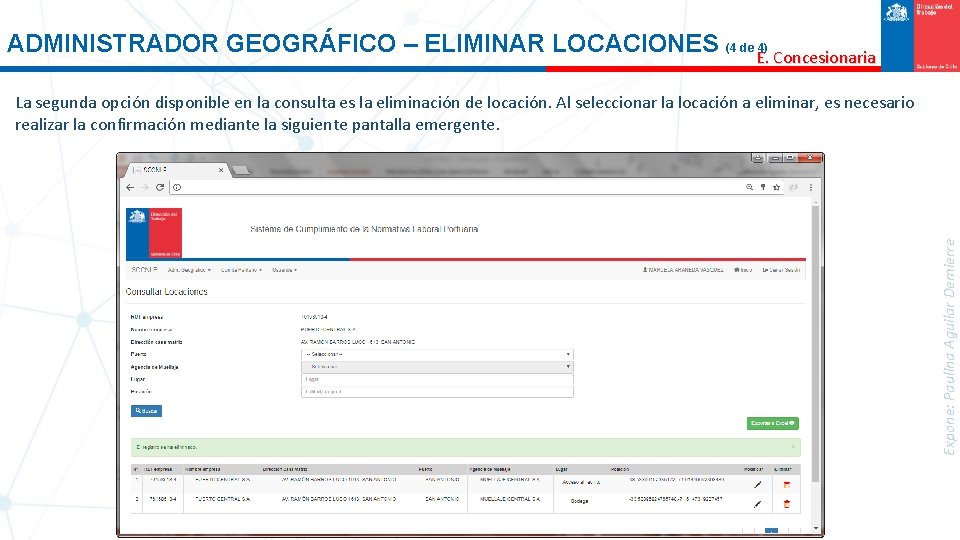 ADMINISTRADOR GEOGRÁFICO – ELIMINAR LOCACIONES (4 de 4) E. Concesionaria Expone: Paulina Aguilar Demierre
