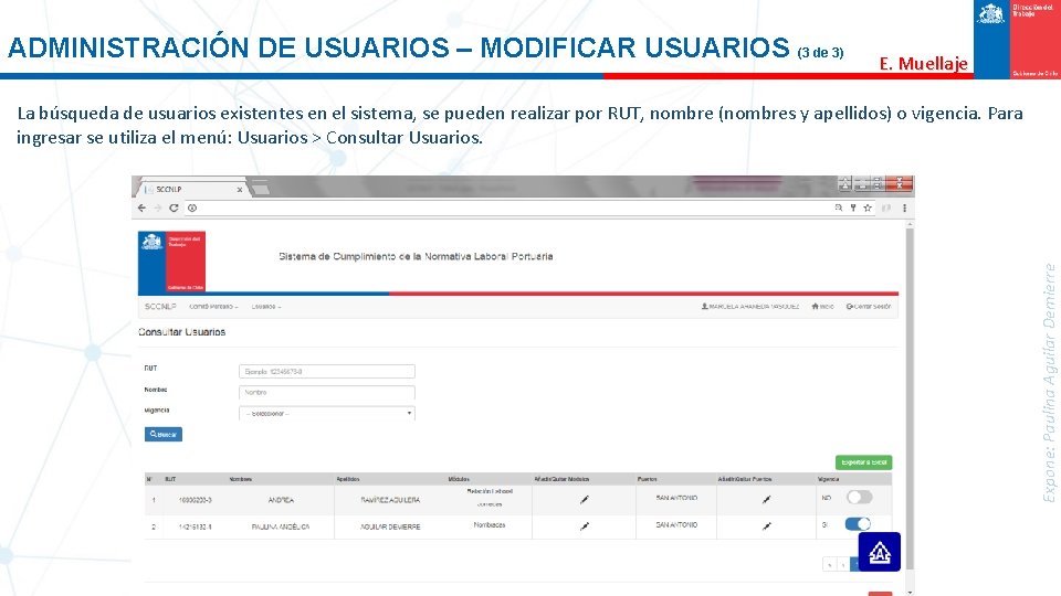 ADMINISTRACIÓN DE USUARIOS – MODIFICAR USUARIOS (3 de 3) E. Muellaje Expone: Paulina Aguilar