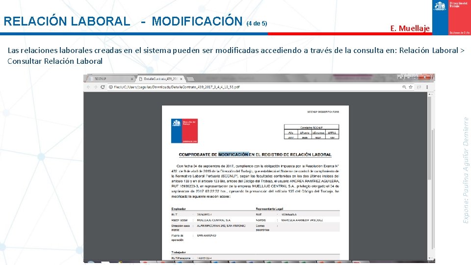 RELACIÓN LABORAL - MODIFICACIÓN (4 de 5) E. Muellaje Expone: Paulina Aguilar Demierre Las