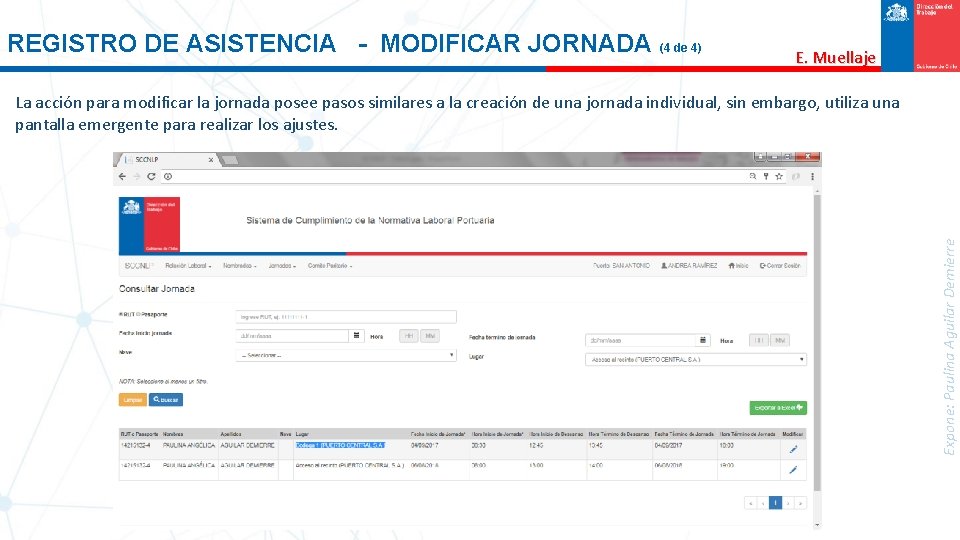 REGISTRO DE ASISTENCIA - MODIFICAR JORNADA (4 de 4) E. Muellaje Expone: Paulina Aguilar