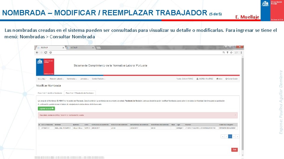 NOMBRADA – MODIFICAR / REEMPLAZAR TRABAJADOR (5 de 5) E. Muellaje Expone: Paulina Aguilar