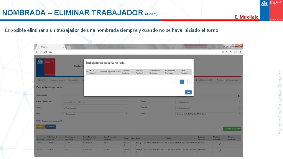 NOMBRADA – ELIMINAR TRABAJADOR (4 de 5) E. Muellaje Expone: Paulina Aguilar Demierre Es