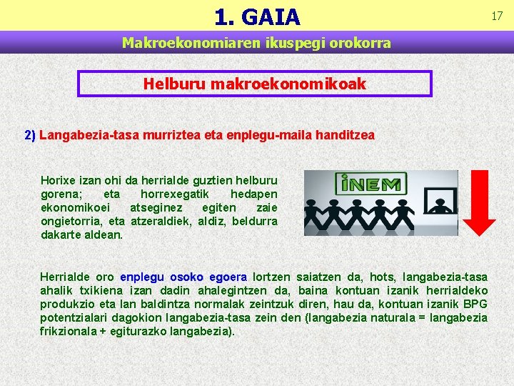 1. GAIA Makroekonomiaren ikuspegi orokorra Helburu makroekonomikoak 2) Langabezia-tasa murriztea eta enplegu-maila handitzea Horixe