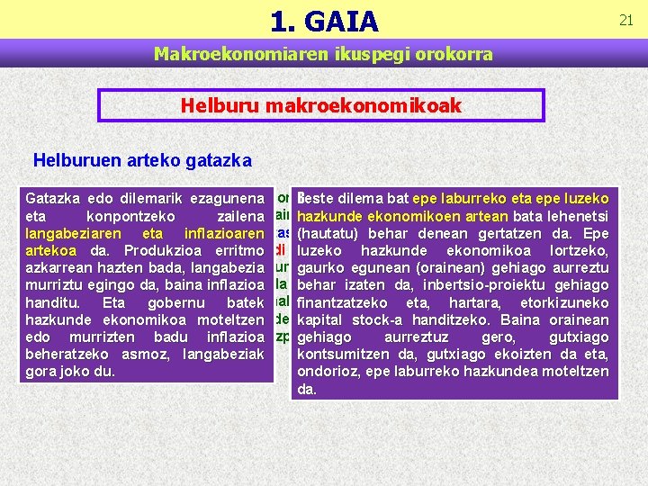 1. GAIA Makroekonomiaren ikuspegi orokorra Helburu makroekonomikoak Helburuen arteko gatazka Makroekonomian sarritan den arazoa