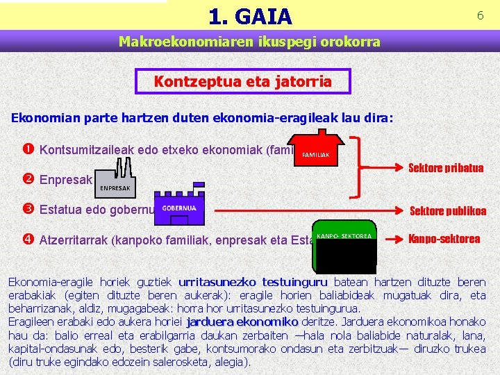 1. GAIA 6 Makroekonomiaren ikuspegi orokorra Kontzeptua eta jatorria Ekonomian parte hartzen duten ekonomia-eragileak